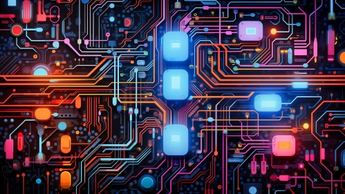 A vibrant, intricate network of electronic circuits and components.