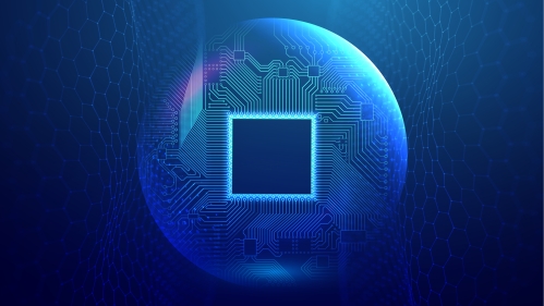 Electronic circuit board in blue sphere shield.