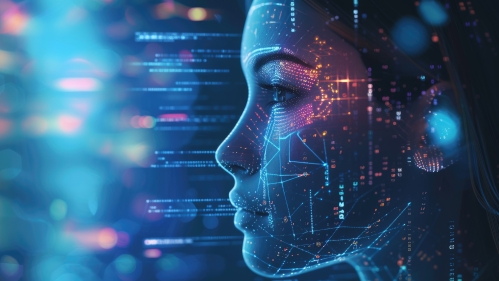 Digital representation of a human profile with graphic overlays symbolizing advanced artificial intelligence and machine learning.