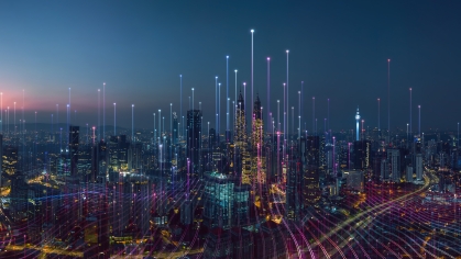 Smart city and abstract dot point connect with gradient line and aesthetic Intricate wave line design , big data connection technology concept .