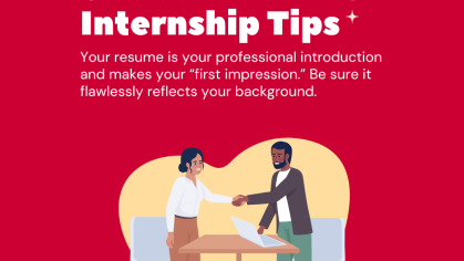 Graphic element with cartoon illustration showing two people talking in an office setting against a red background.