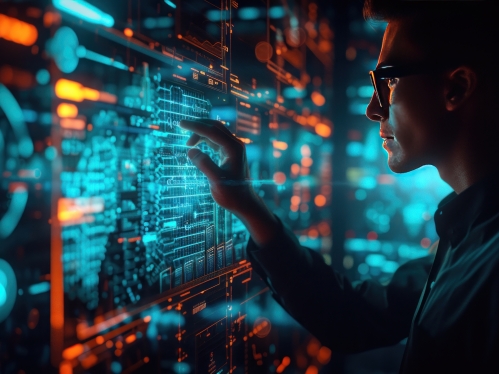 Software development, IT operations, Concept with dev ops icon on computer screen and project manager, coder or sysadmin typing on keyboard, high software quality