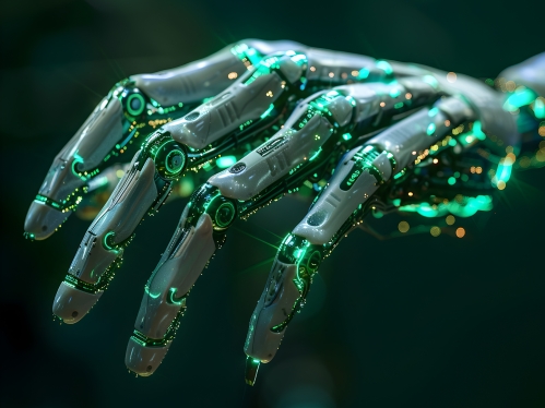 Advanced robotic hand with illuminated cybernetic particles, showcasing artificial intelligence and robotics.