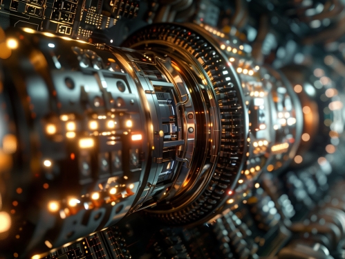 Close-up of Intricate quantum computer mechanism with golden light highlights.