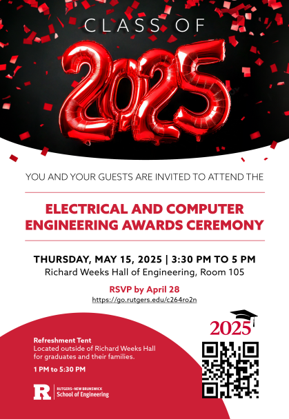 Red confetti with red Class of 2025 mylar red balloons invitation for Electrical and Computer Engineering Awards Celebration.